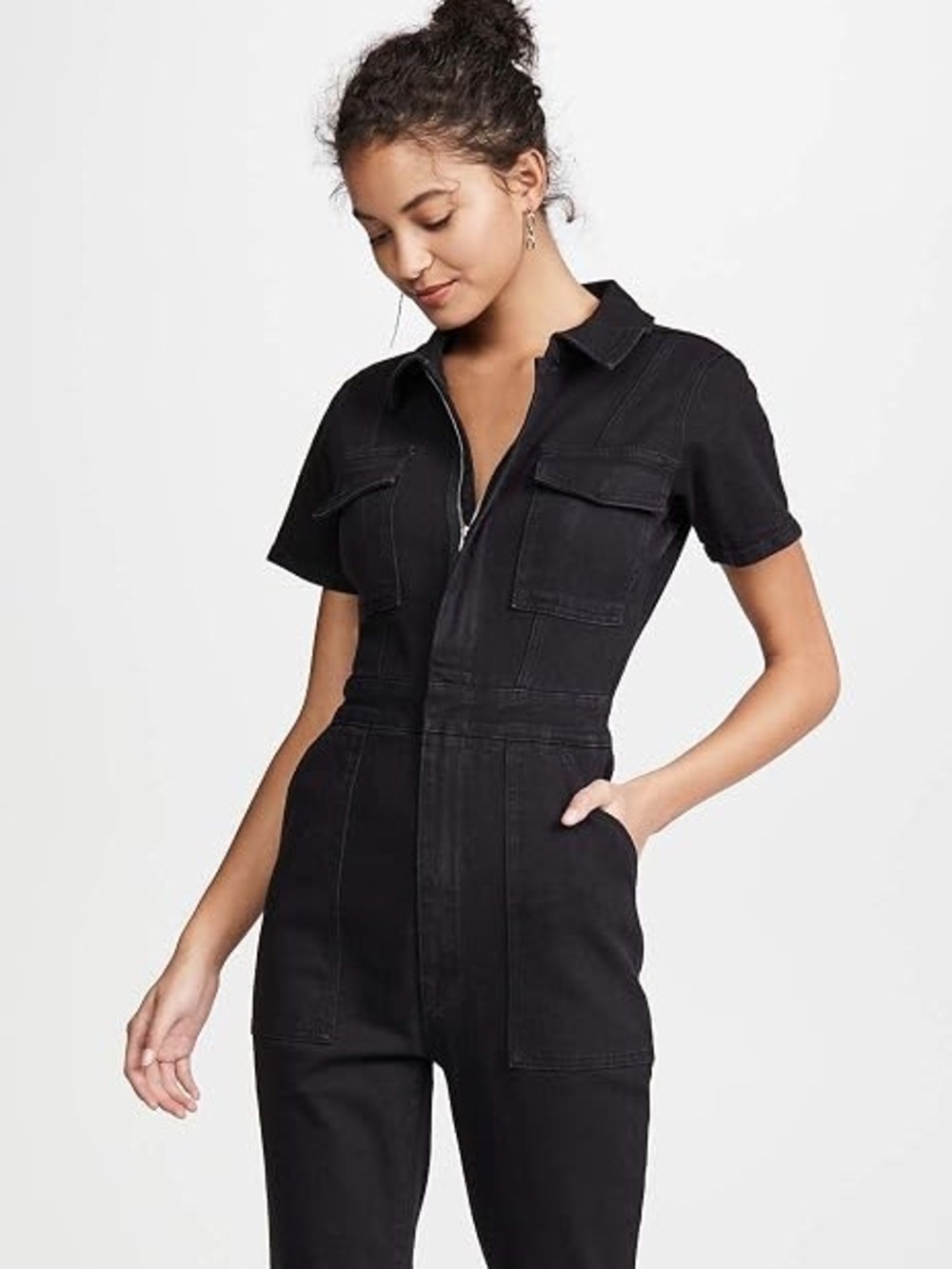 nwt GOOD AMERICAN Black Denim JUMPSUIT Large/3 new boho hippie flare leg zip up